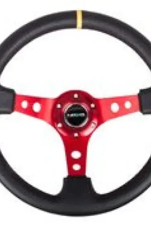 NRG Reinforced Steering Wheel (350mm / 3in. Deep) Blk Leather w/Red Spokes & Sgl Yellow Center Mark Hassle-Free Returns