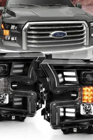 ANZO 15-17 Ford F-150 Project Headlights w/ Plank Style Design Black w/ Amber Sequential Turn Signal Cheap