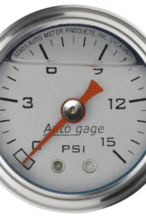Same Day Shipping Autometer AutoGage 1.5in Liquid Filled Mechanical 0-15 PSI Fuel Pressure Gauge - Silver