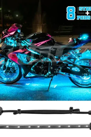 Worldwide Shipping XK Glow Strips Single Color XKGLOW LED Accent Light Motorcycle Kit Light Blue - 8xPod + 2x8In