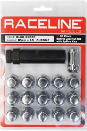 Raceline Spline Lug Nut Kit with Spline Key 12 x 1.5 - 16 Pack - Chrome Bargain