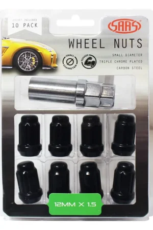 Buy Direct SAAS Set of 10 Small Diameter 6 Spline Wheel Nuts with Key - 35mm Length, Black, M12x1.50 Thread, Taper Seat Type - 6330610BC