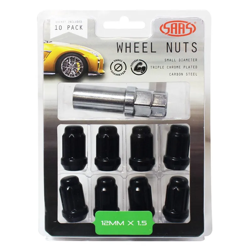 Buy Direct SAAS Set of 10 Small Diameter 6 Spline Wheel Nuts with Key - 35mm Length, Black, M12x1.50 Thread, Taper Seat Type - 6330610BC